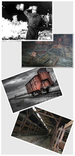 ナチスによって焼かれる本、没収された本、移送に使われた貨車、そしてバラック内部